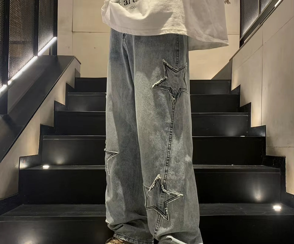 New Fashion Five-Pointed Star Jeans Men High-Waisted Vintage Streetwear Men Pants Baggy Winter Wide-Leg Jeans Denim Men Clothing