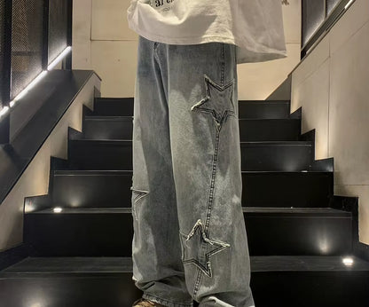 New Fashion Five-Pointed Star Jeans Men High-Waisted Vintage Streetwear Men Pants Baggy Winter Wide-Leg Jeans Denim Men Clothing