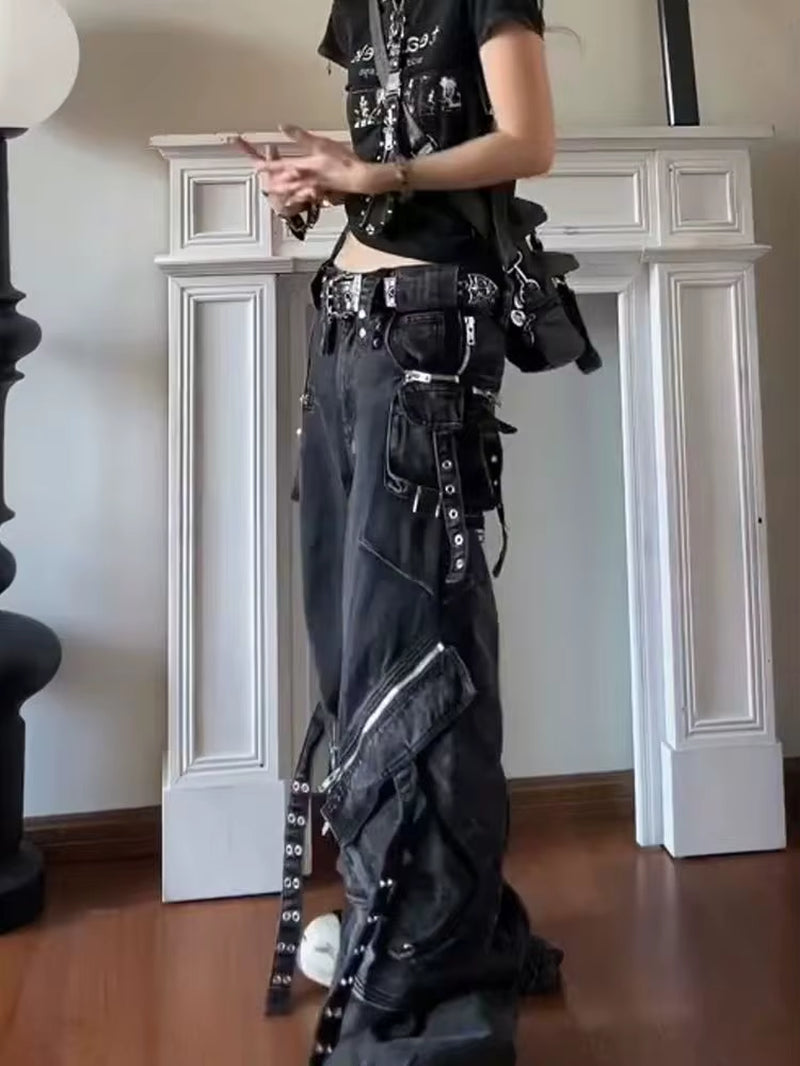 Black Gothic Punk Multi-Pocket Zipper Black Jeans Men and Women Y2K American Baggy Fashion Vintage Casual Loose Wide-Leg Jeans