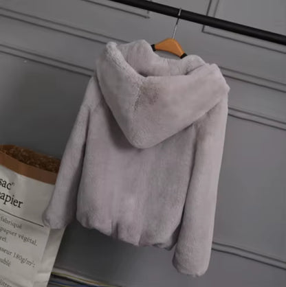 2025 Faux Fur Coat with Hood High Fashion Slim Waist Black Red Pink Faux Fake Fur Jacket Rabbit Fur