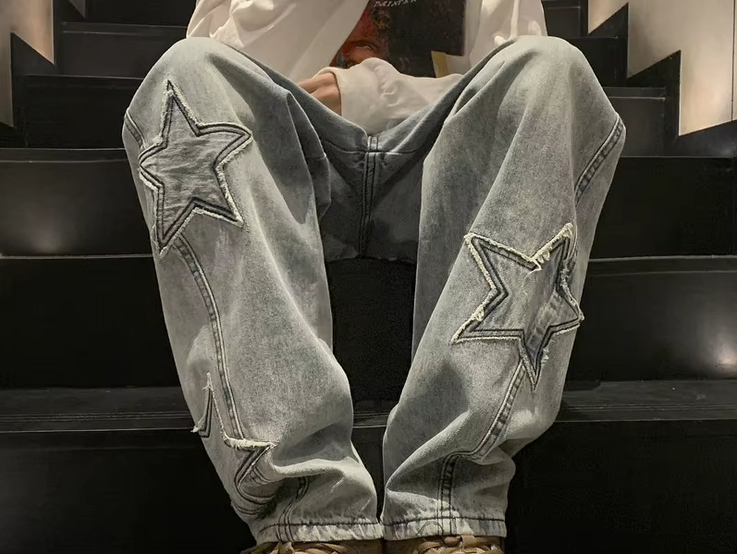 New Fashion Five-Pointed Star Jeans Men High-Waisted Vintage Streetwear Men Pants Baggy Winter Wide-Leg Jeans Denim Men Clothing