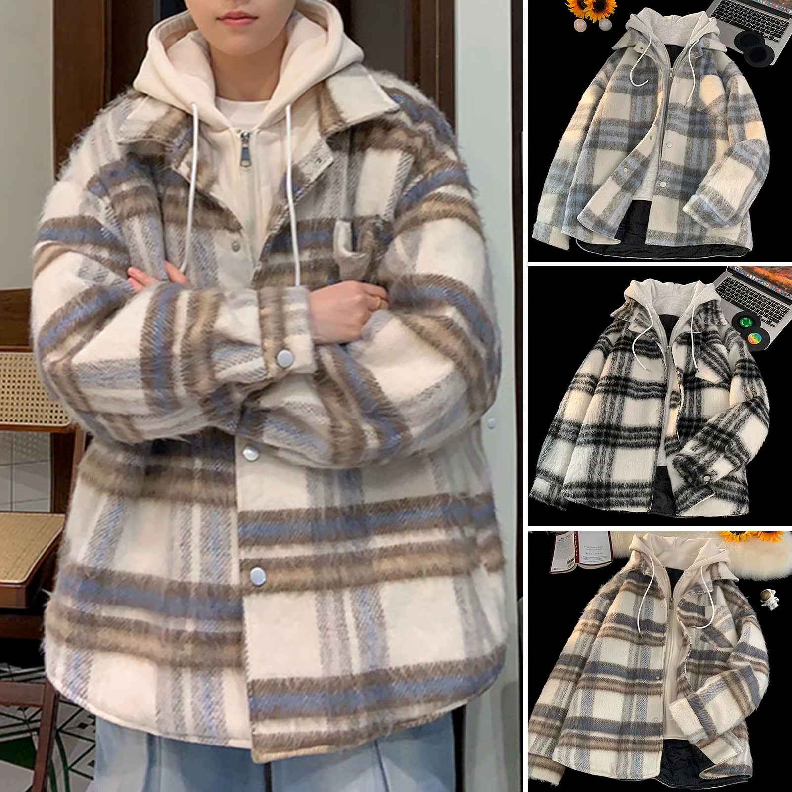 Red Black Hooded Plaid Western Cowboy Winter Shirt Jacket for Men Fleece Linend Flannel Casual Warm Checkered Shirt Male