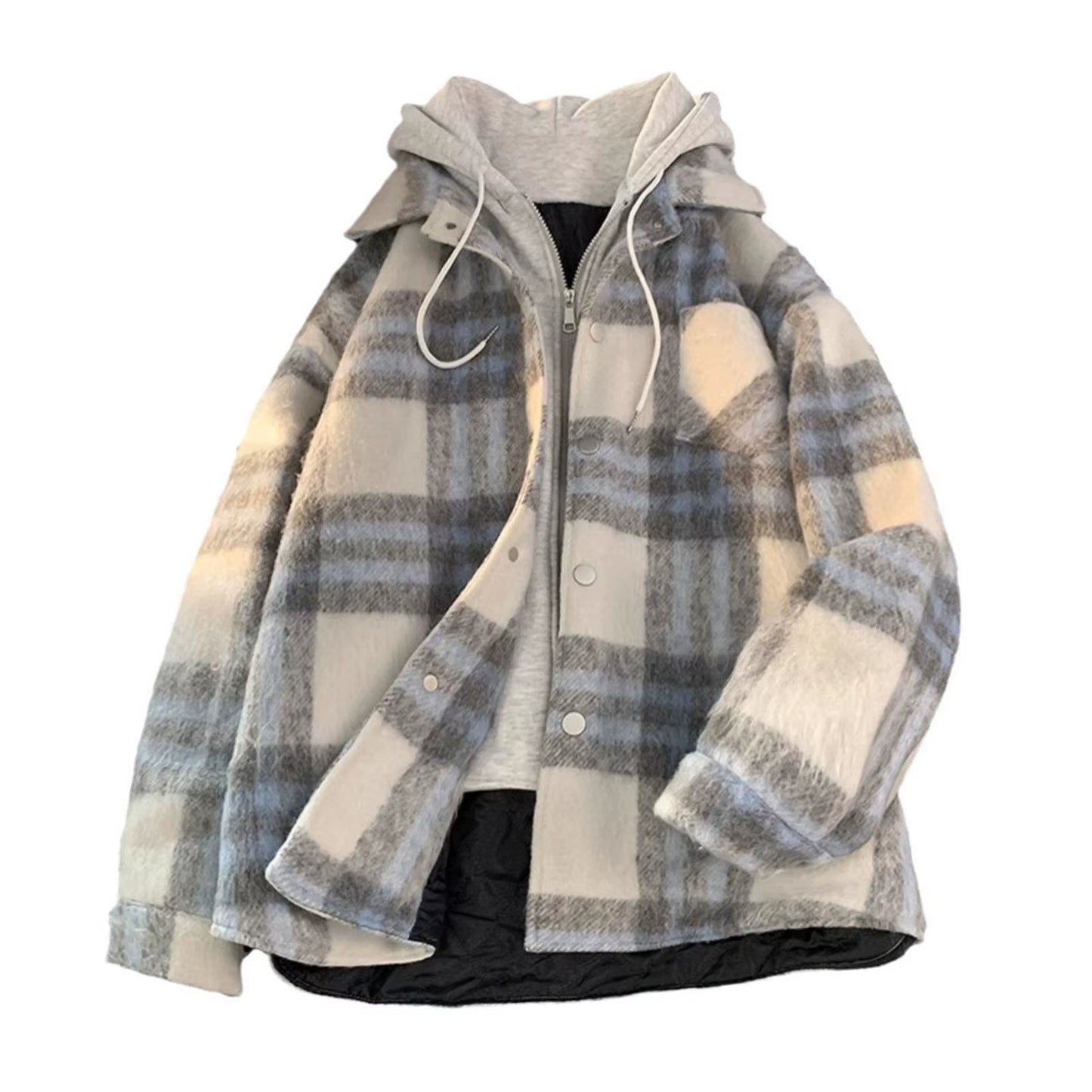 Red Black Hooded Plaid Western Cowboy Winter Shirt Jacket for Men Fleece Linend Flannel Casual Warm Checkered Shirt Male