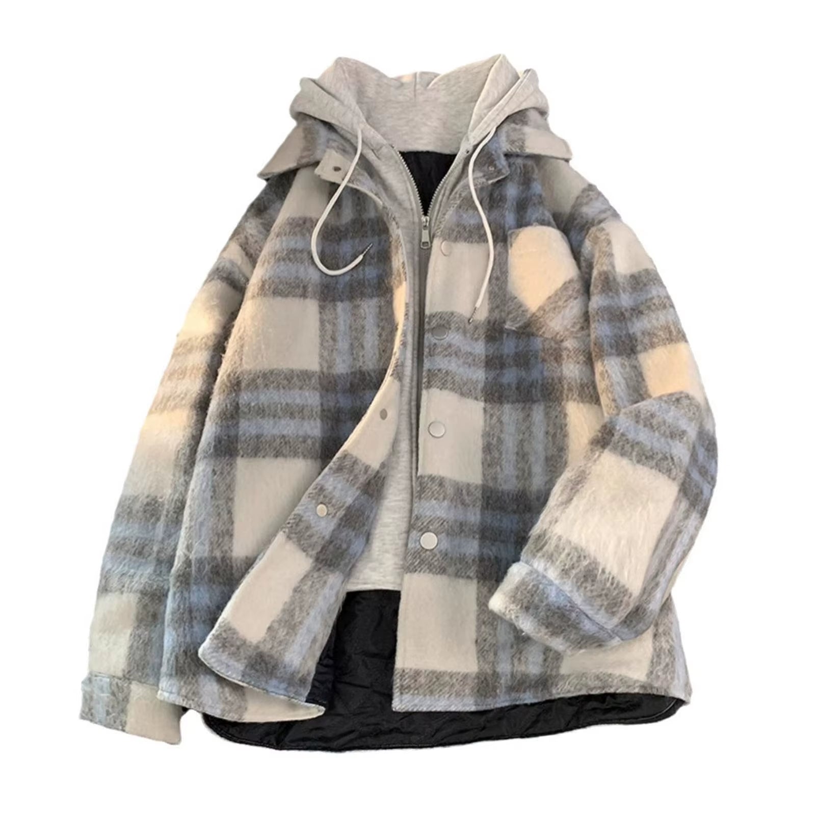 Red Black Hooded Plaid Western Cowboy Winter Shirt Jacket for Men Fleece Linend Flannel Casual Warm Checkered Shirt Male