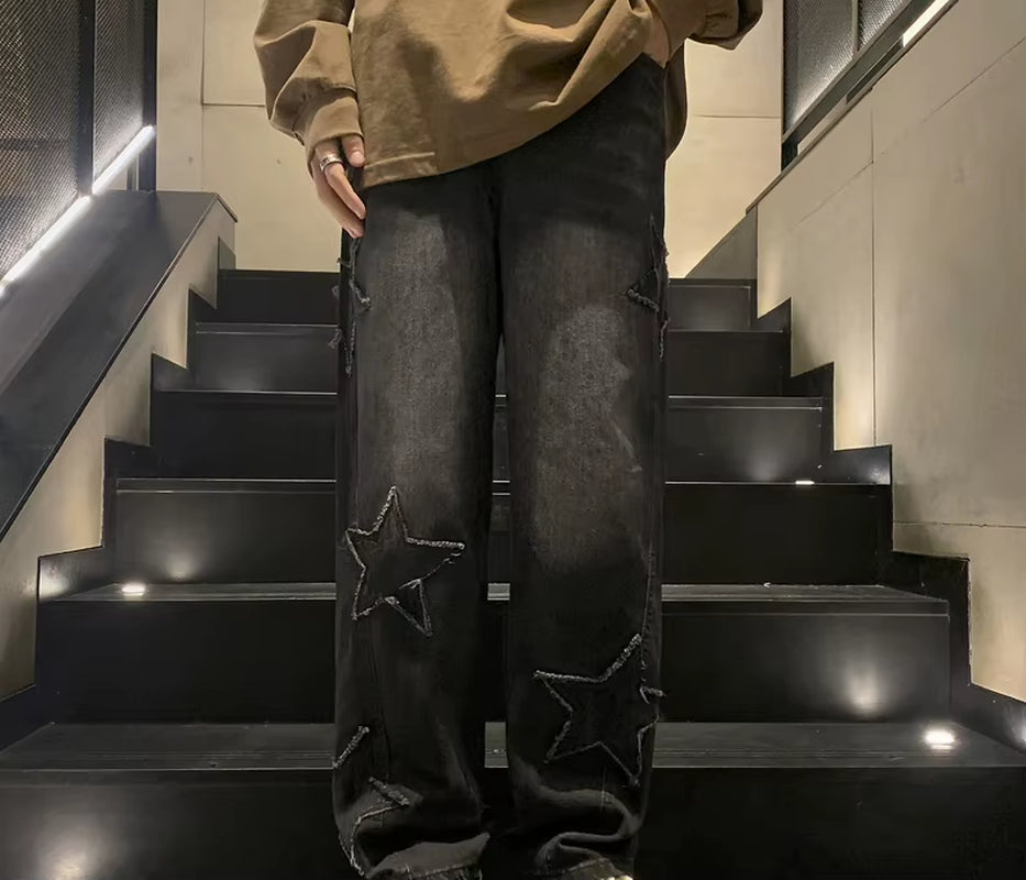 New Fashion Five-Pointed Star Jeans Men High-Waisted Vintage Streetwear Men Pants Baggy Winter Wide-Leg Jeans Denim Men Clothing