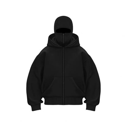 Unisex Balaclava Hoodie Warm Loose Hooded Jacket Zip-Up Casual Jacket with Face Mask for Autumn Winter Outdoor Sports Streetwear